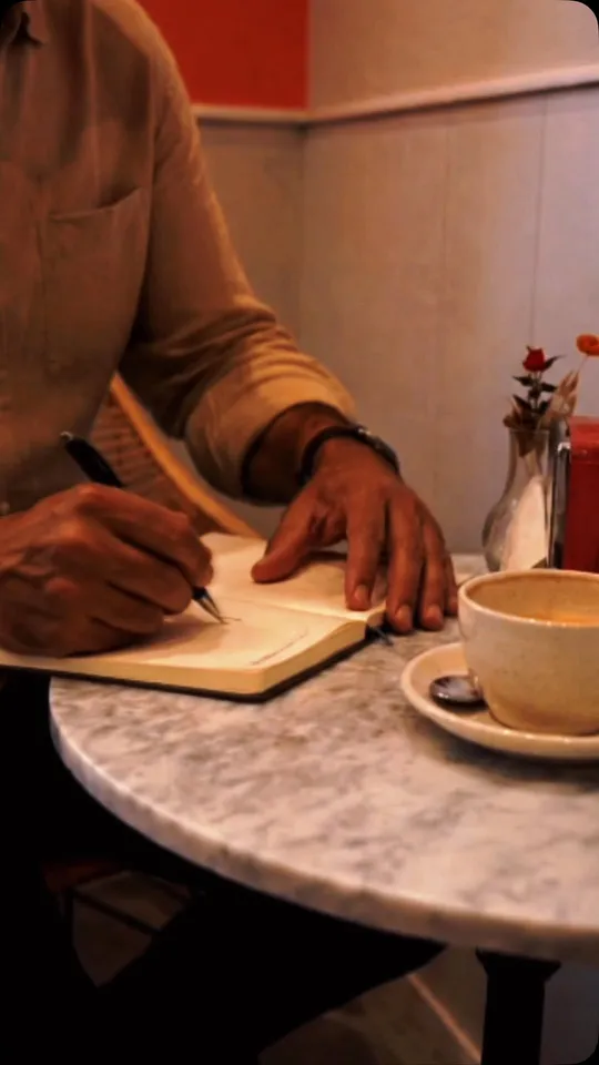 Un café en una mesa de mármol de Nazca, junto a una libreta